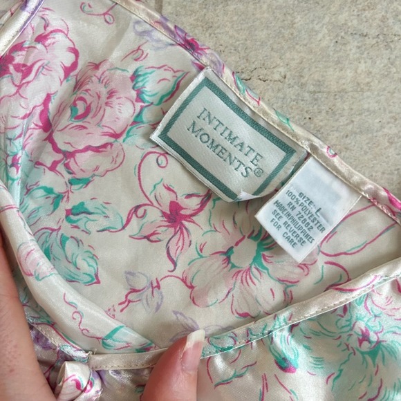 Vintage Intimate Moments Floral Slip Dress L Satin Pink Green Ruffle Hem - Picture 4 of 6